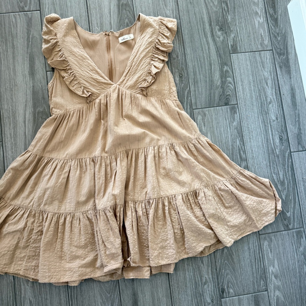Millibon|Tan ruffled Sleeveless Tiered Dress in Brown/tan color,cottagecore boho - Picture 7 of 13